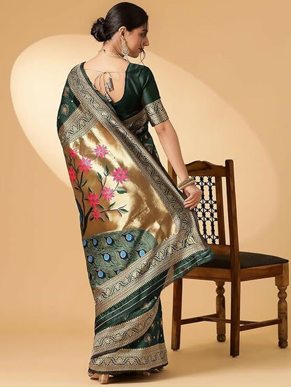 AXONIT Jacquard Silk Saree – Golden Zari Peacock Design, Festive Wear