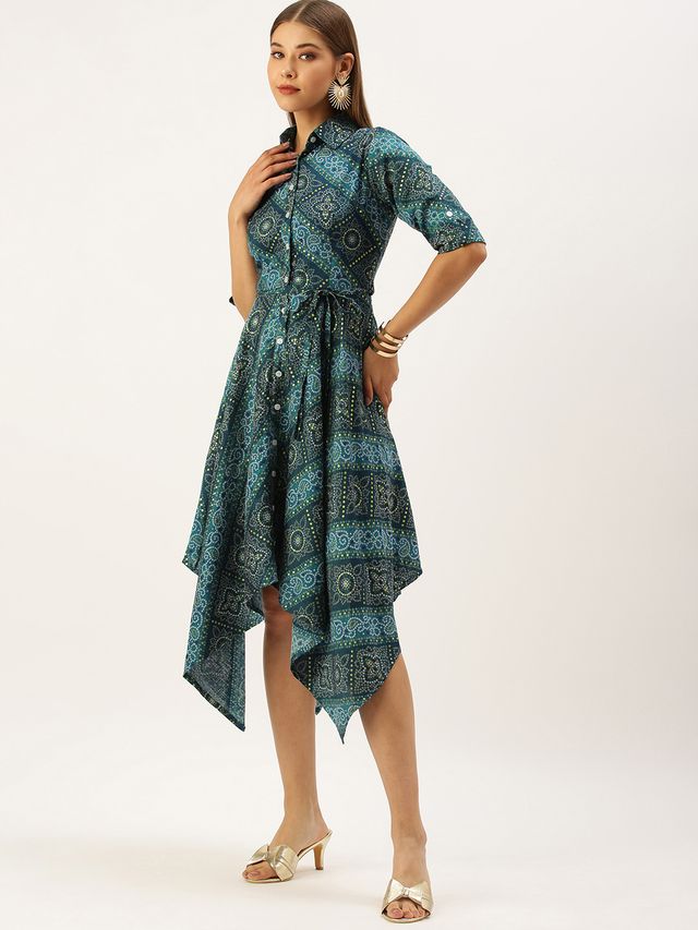 Bollywood Vogue Ready To Wear Blue Chanderi Art Silk Handkerchief Style Dress