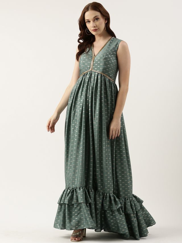 Bollywood Vogue Ready To Wear Green Chinon Foil Print  Gown