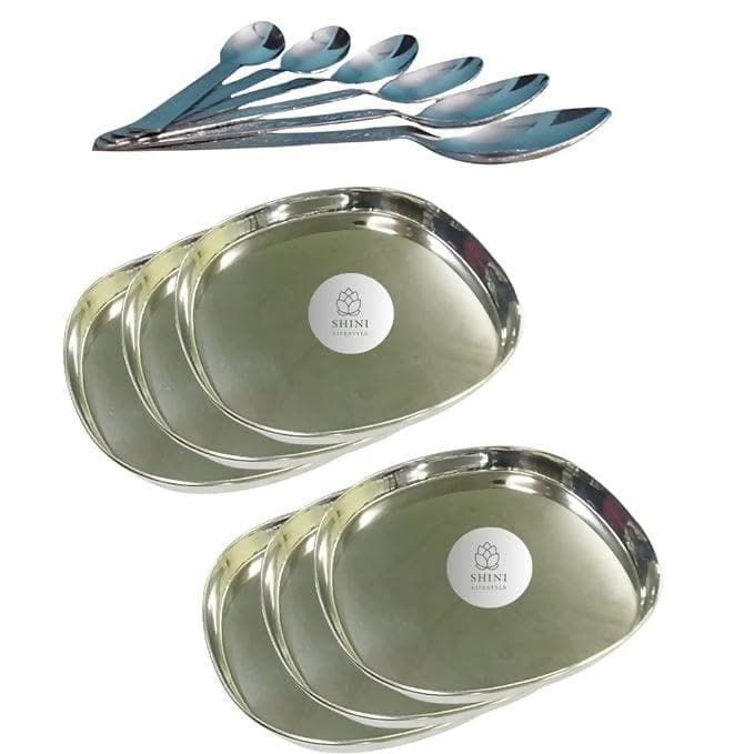 SHINI LIFESTYLE Stainless-Steel Dinner Plate / Khumcha Thali /Lunch Plate 6pcs with Table Spoon 6 pcs Set (Combo Pack of 12) - HalfPe