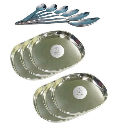 SHINI LIFESTYLE Stainless-Steel Dinner Plate / Khumcha Thali /Lunch Plate 6pcs with Table Spoon 6 pcs Set (Combo Pack of 12) - HalfPe