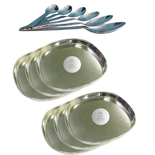 SHINI LIFESTYLE Stainless-Steel Dinner Plate / Khumcha Thali /Lunch Plate 6pcs with Table Spoon 6 pcs Set (Combo Pack of 12) - HalfPe