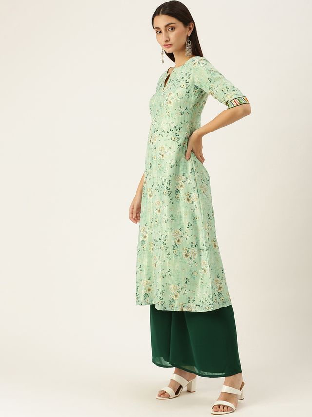 Bollywood Vogue Ready To Wear Green Muslin Printed Calf Length Kurta Set