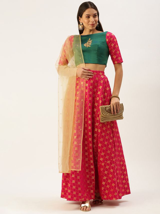 Bollywood Vogue Ready To Wear Red Jacquard N Green Zero Shoulder Lehenga Set