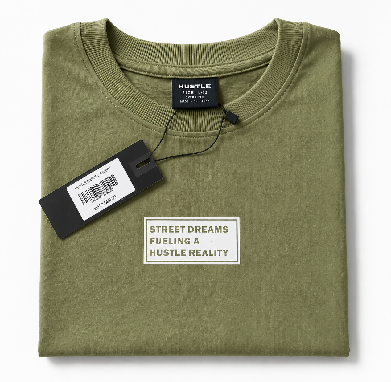 Hustle Street Dreams Oversized T-Shirt for Men – Olive Green Half Sleeve