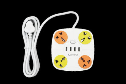 coconut Multi 3 Extension Socket 4 Universal Sockets, 4 USB Charging Ports, 3M long cable, Individual LED Indicators - HalfPe