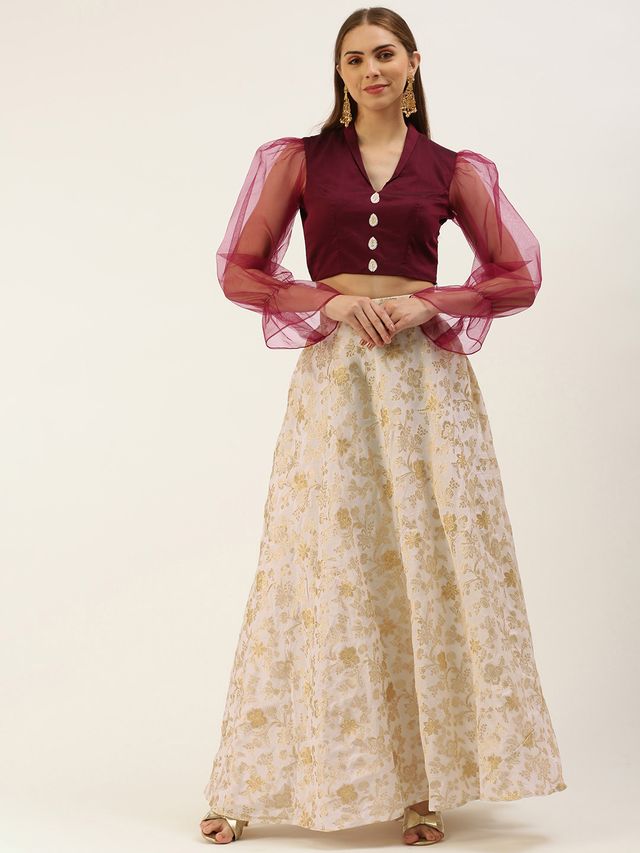 Bollywood Vogue Ready To Wear White Jacquard N Wine Art Silk Skirt Set
