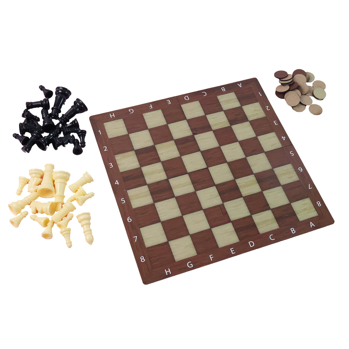 Pocket Chess &amp; Checkers 2-in-1 Travel Game Set – Foldable Coordinate Board with 32 Plastic Chessmen & 24 Draughts Coins - (1 Set)