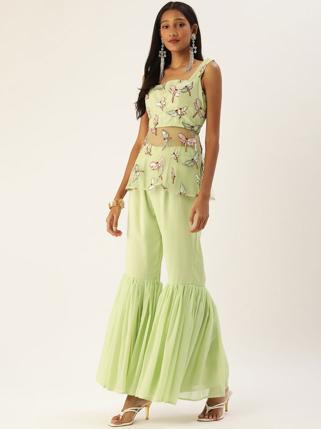 Bollywood Vogue Ready To Wear Green Embroidered Square Neck Gharara Suit