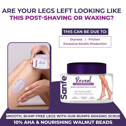 Sanfe Reveal No More Bumps Erasing Body Scrub for Rough & Bumpy Skin, Tan and Strawberry Legs Glycolic Acid, Walnut Shell Bath to Remove Dirt, Dead Skin 100g for women for soft & bright skin