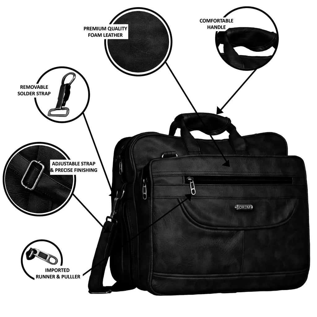 LOREM Black Color Faux Leather 28L Messenger Bag For Men (BG22)