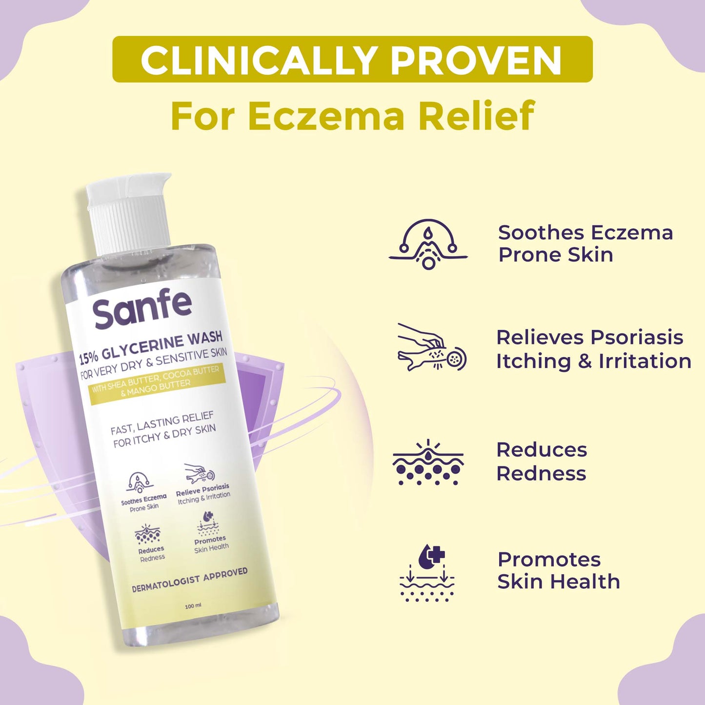 Sanfe Eczema Relief Wash | For very very dry skin | Soothes Eczema, Relieve Irritation & Itching, Reduces Redness | Rapid Relief Formula - 100ml