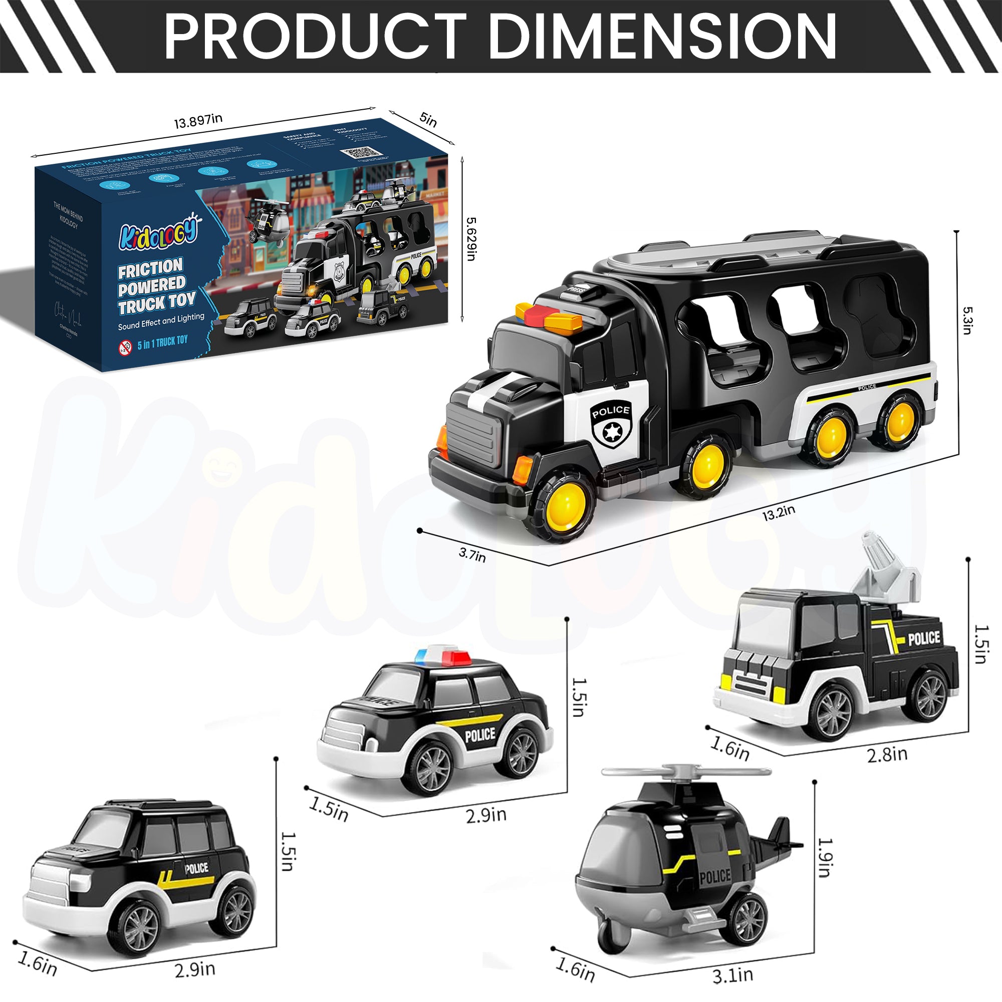Kidology 5 in 1 Police Trucks Boy Toys for 3-5 Year Old Toddlers - Toys for 3 4 5 6 7 Years Old Transport Vehicle Carrier Truck Sets Kids Boys & Girls