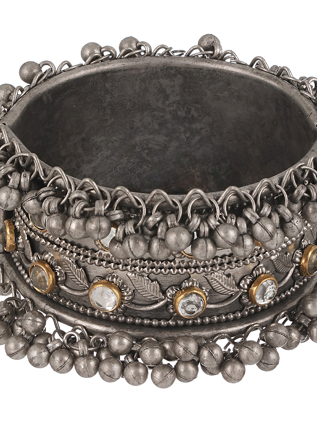 Silver-Plated Oxidised Leaf Pattern Kundan Studded Kada Bracelet