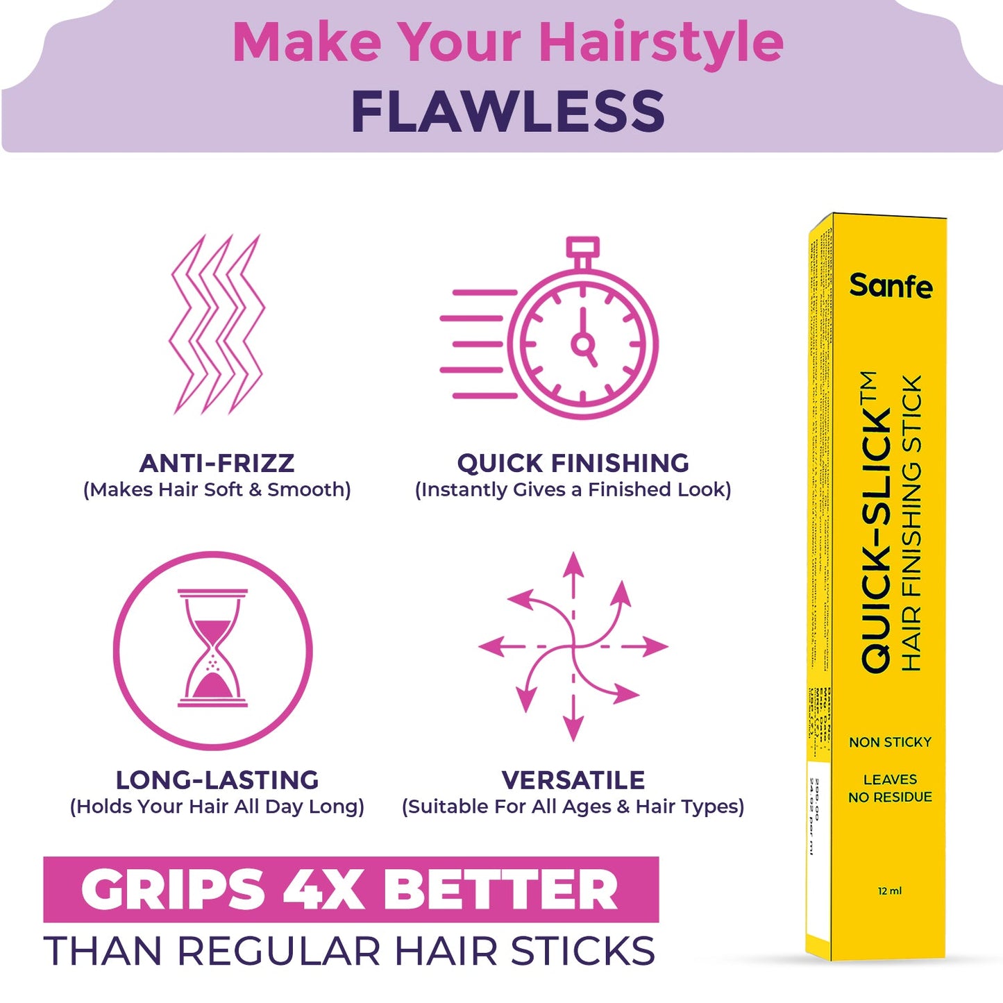 Sanfe Quick Slick Hair Finishing Stick For Women | Anti Flyaway for Smooth, Non-Greasy, and Non-Oily Look | Non-Sticky, Leaves No Residue| For frizzy and baby hair fix 12ml