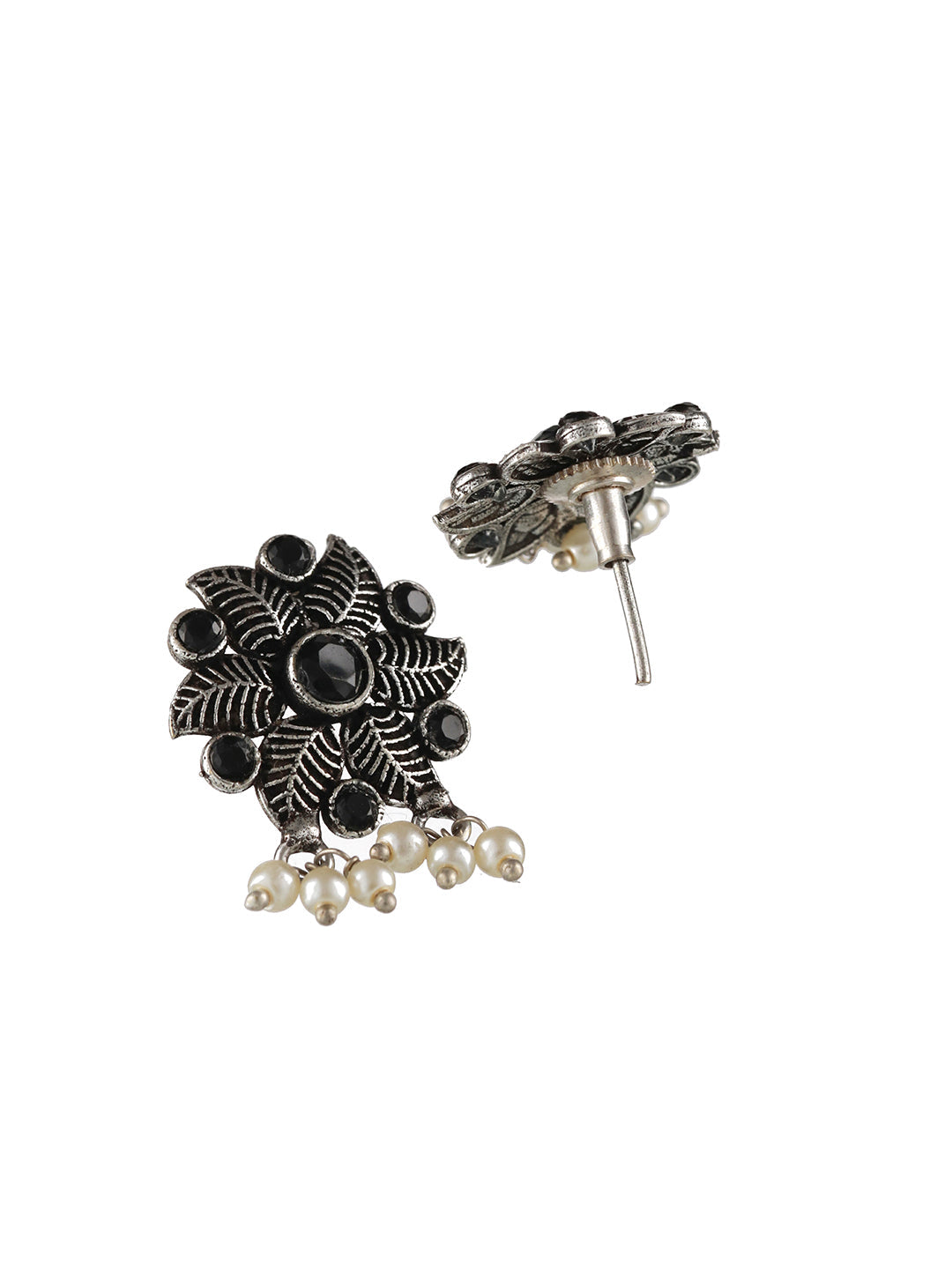 Oxidised Silver-Tone Black Stone Studded & Pearl Beaded Floral Jewellery Set