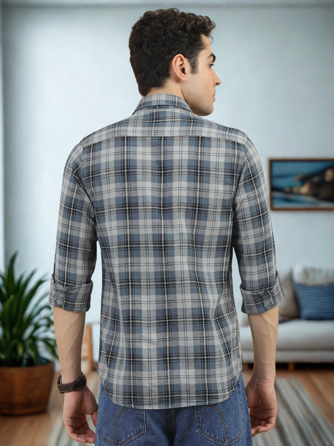 Men Grey Slim Fit Checks Full Sleeve Casual Shirt Cool Colors