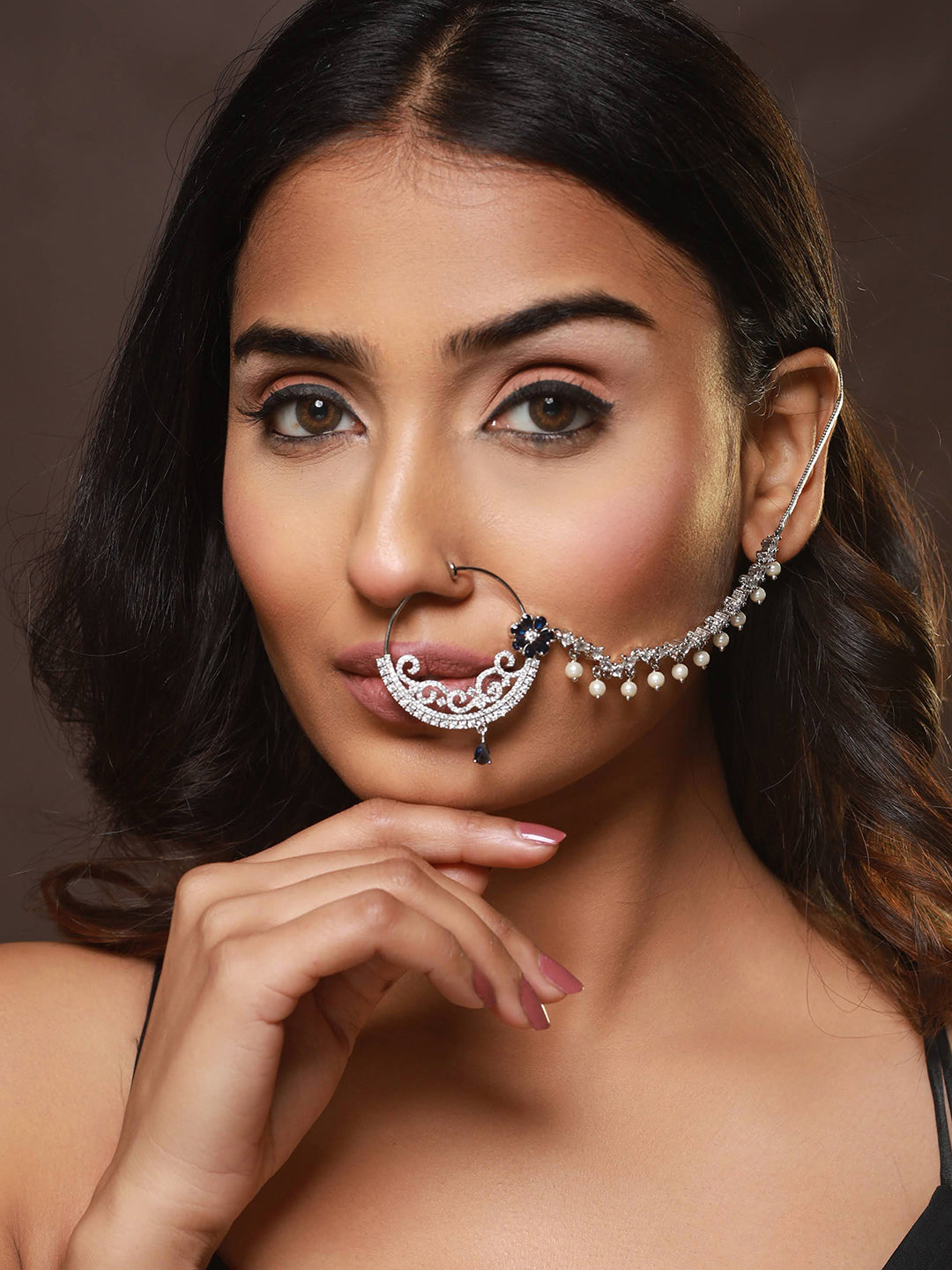 Silver Plated Blue Floral American Diamond Studded Handcrafted Nose Ring With Pearl Drop Chain