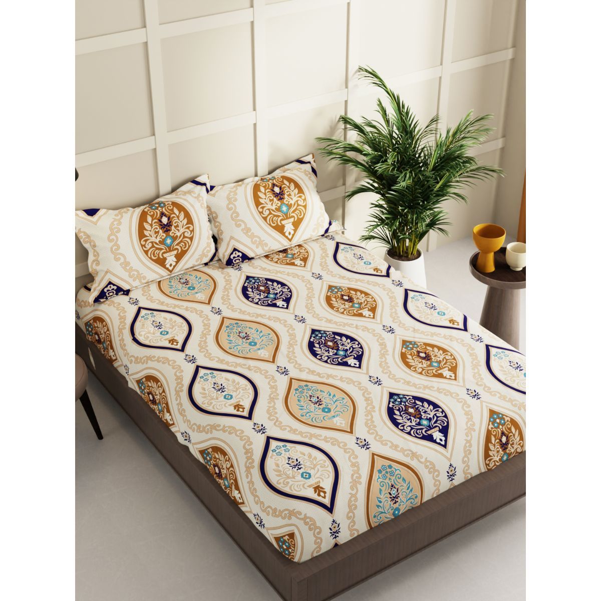 Fantasy Collection Premium Cotton 200 TC Fitted Queen Bedsheet with 2 Pillow Covers - Off-White