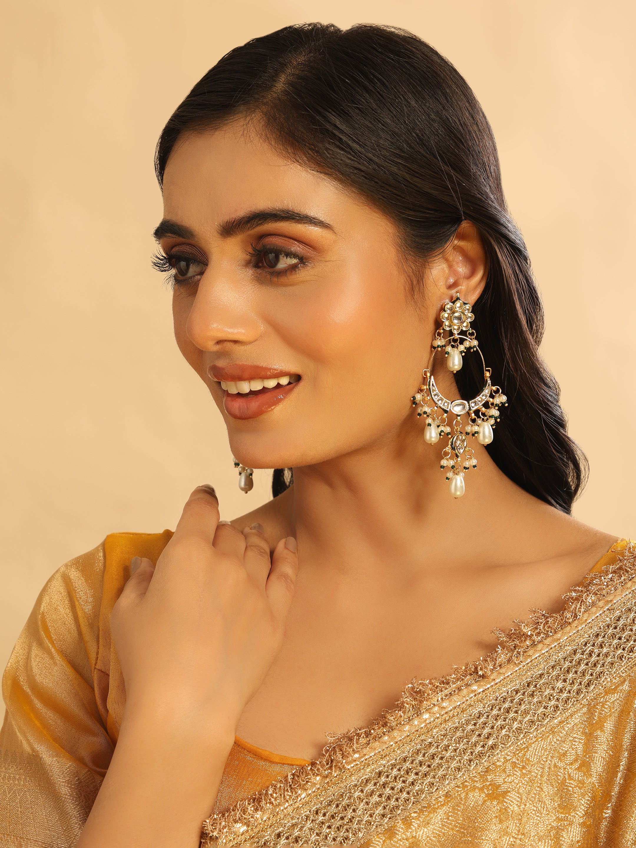 22K Gold Plated Crescent Kundan Drop Pearl Chandbali Earrings