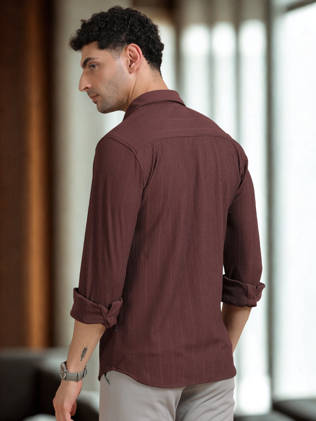 Men Maroon Full Sleeve Cotton Knitted Casual Shirt Cool Colors
