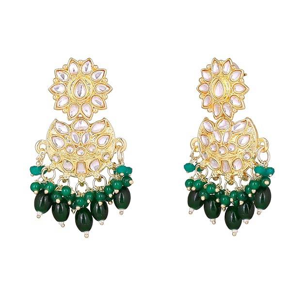 Jazz And Sizzle Green & Gold Plated Floral Shaped Drop Earrings