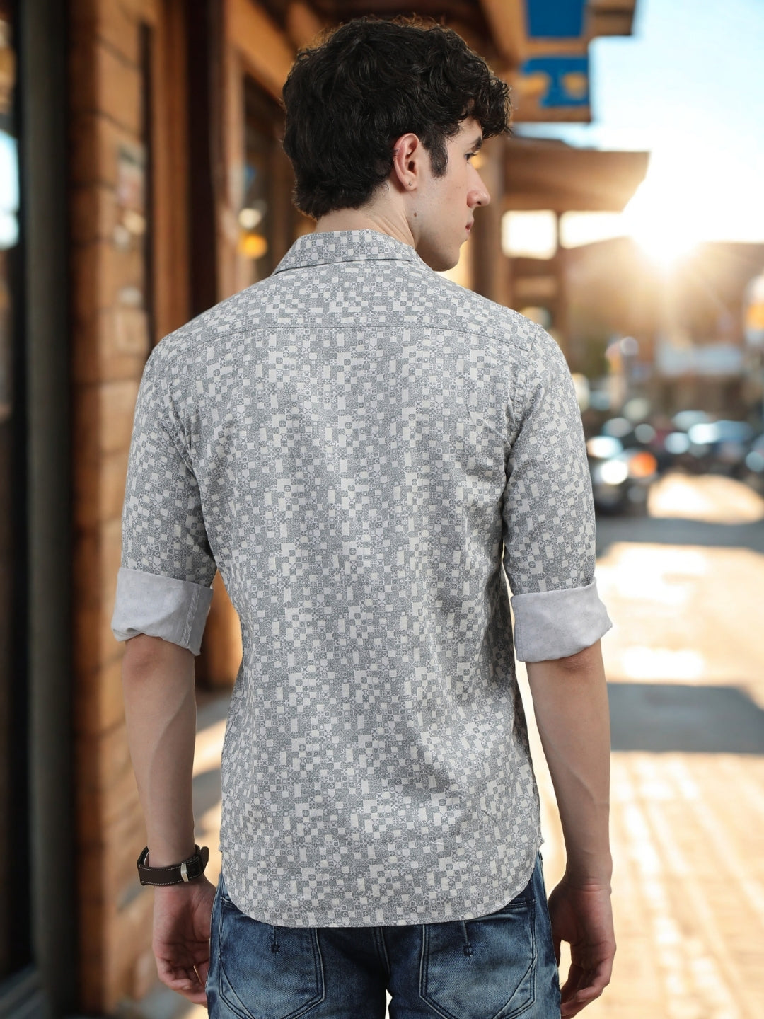 Men Light Grey Slim Fit Printed Full Sleeve Casual Shirt Cool Colors