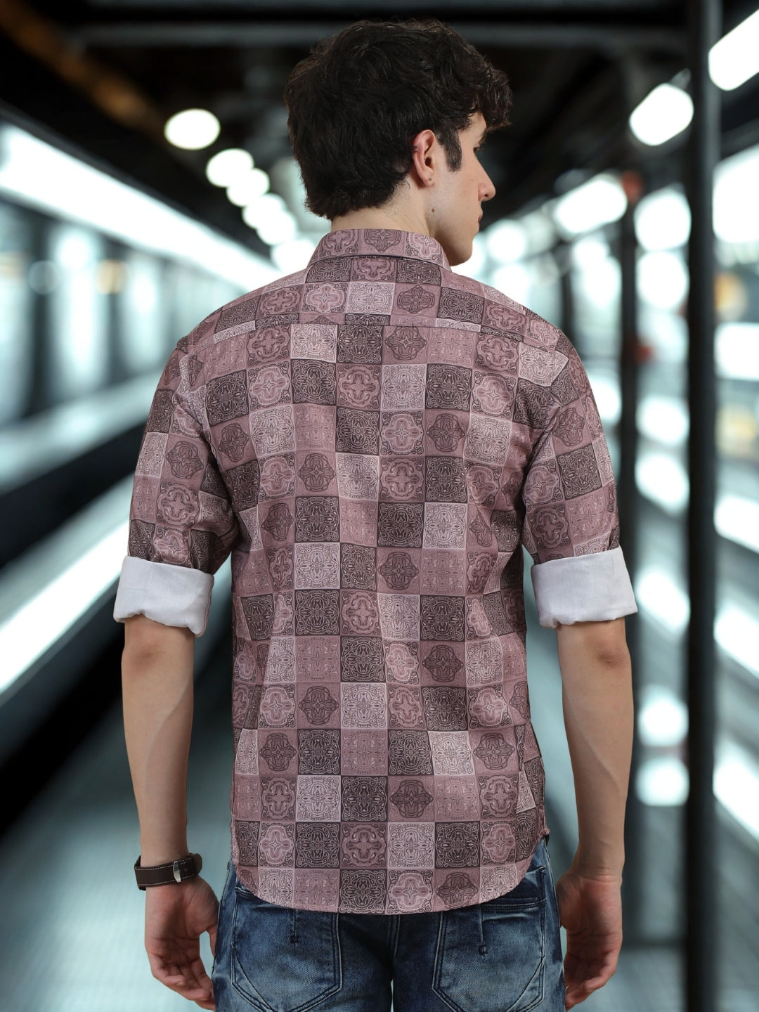 Men Dark Brown Slim Fit Printed Full Sleeve Casual Shirt Cool Colors