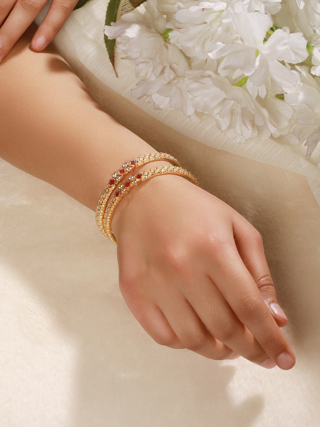 Set of 2 18K Gold Plated Ruby Studded Geru Polish Traditional Bangles