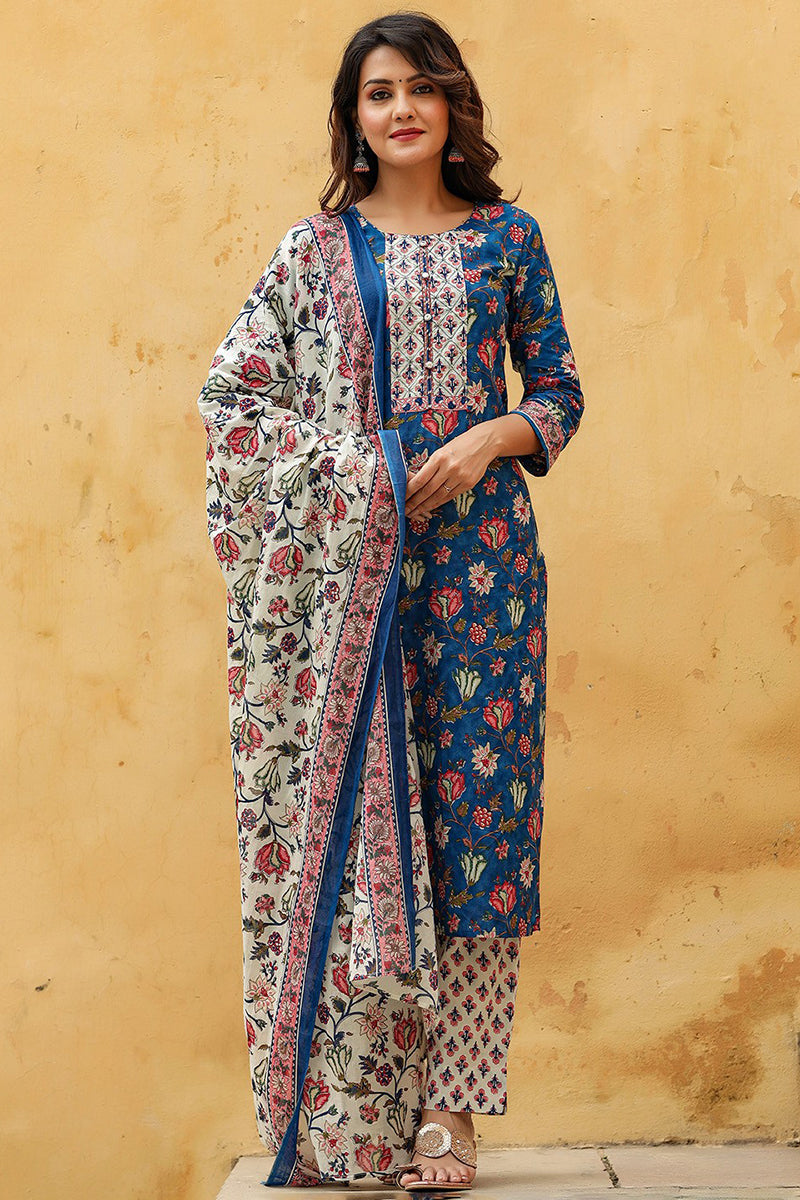 Blue Rayon Blend Floral Printed Straight Suit Set