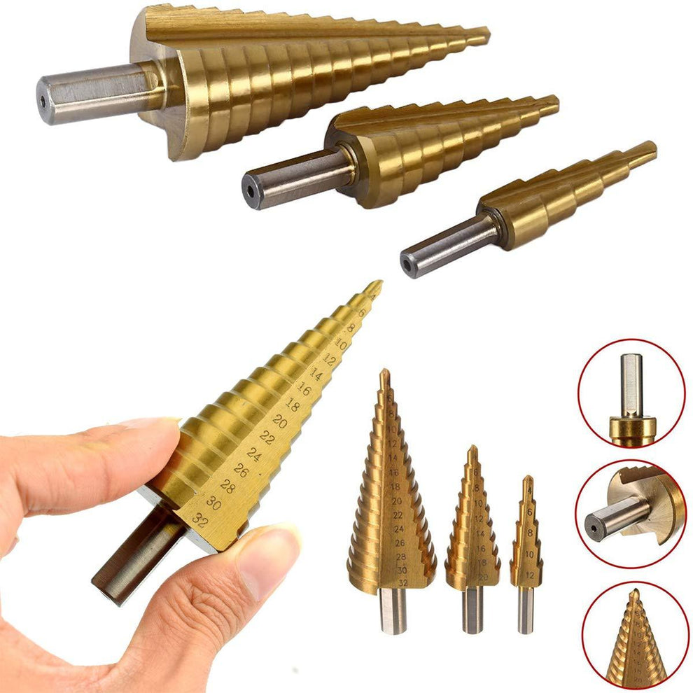 3x Large Hss Steel Step Cone Drill Titanium Bit Set Hole Cutter (4-32, 4-20, 4-12mm)