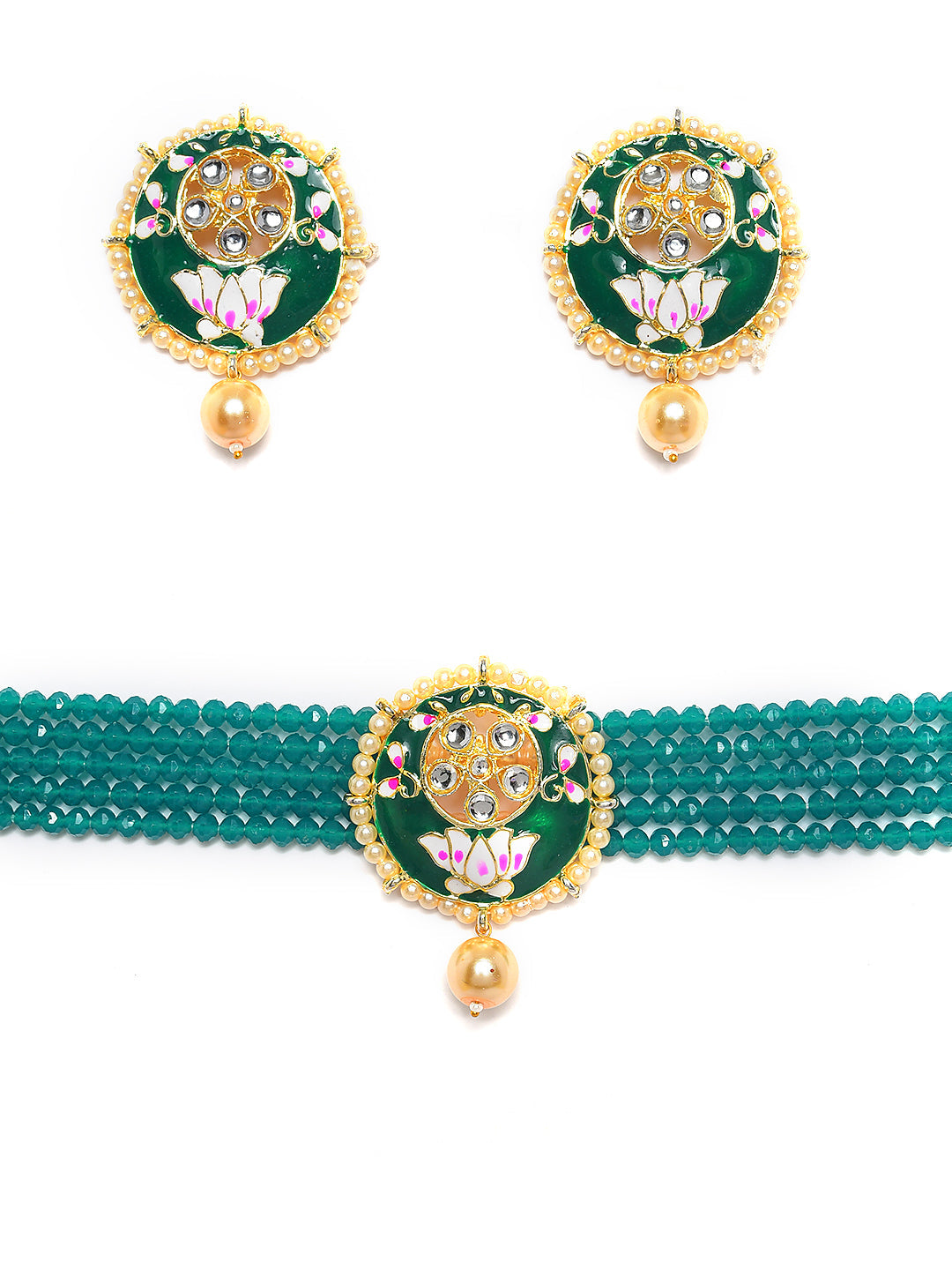 Gold-Plated White Kundan & Pearl Beaded Meenakari Jewellery Set