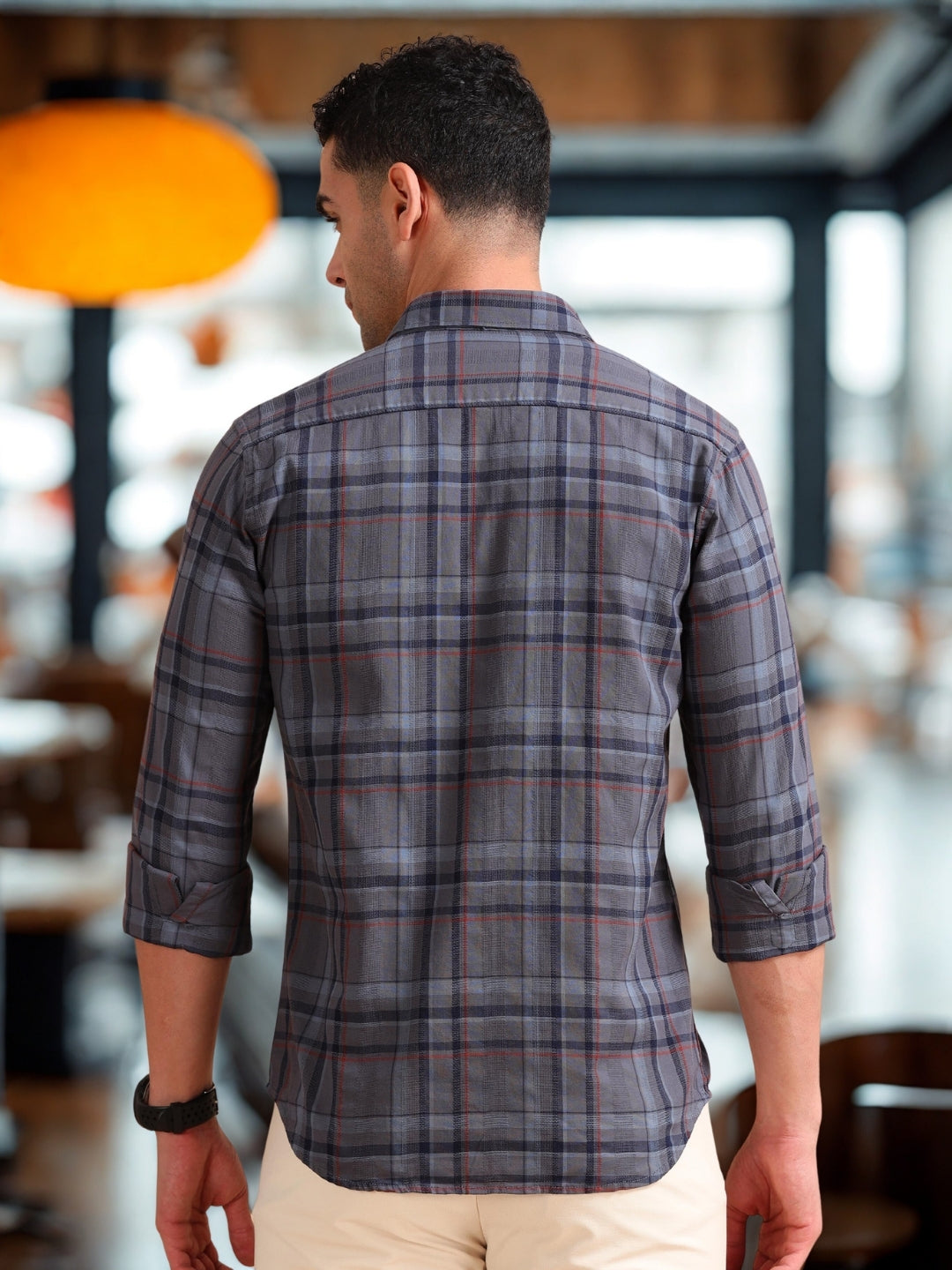Men Dark Grey Slim Fit Checks Full Sleeve Casual Shirt Cool Colors