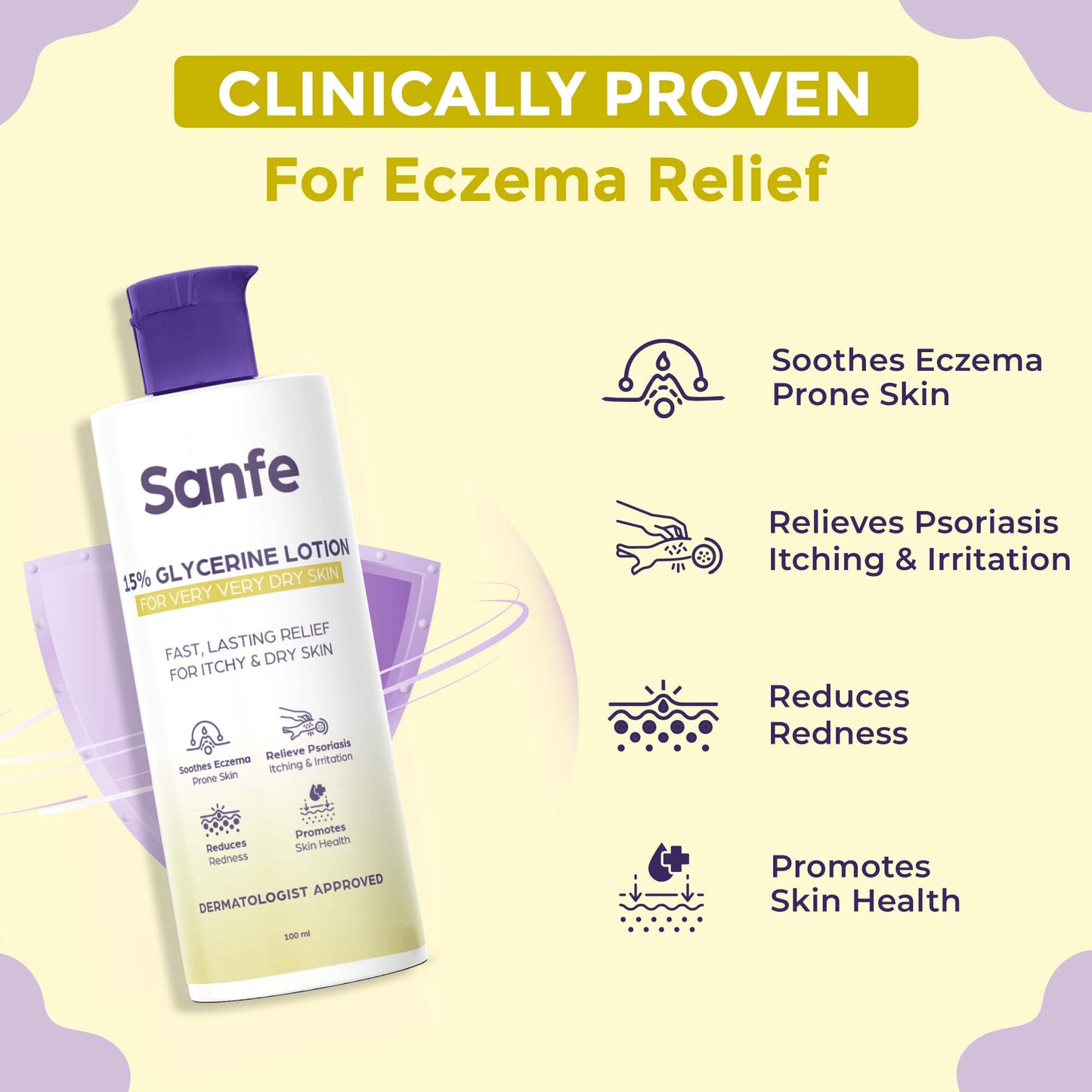 Sanfe 15% Glycerine Lotion For very very dry skin Soothes Eczema, Relieve Irritation & Itching, Reduces Redness Rapid Relief Formula - 100ml