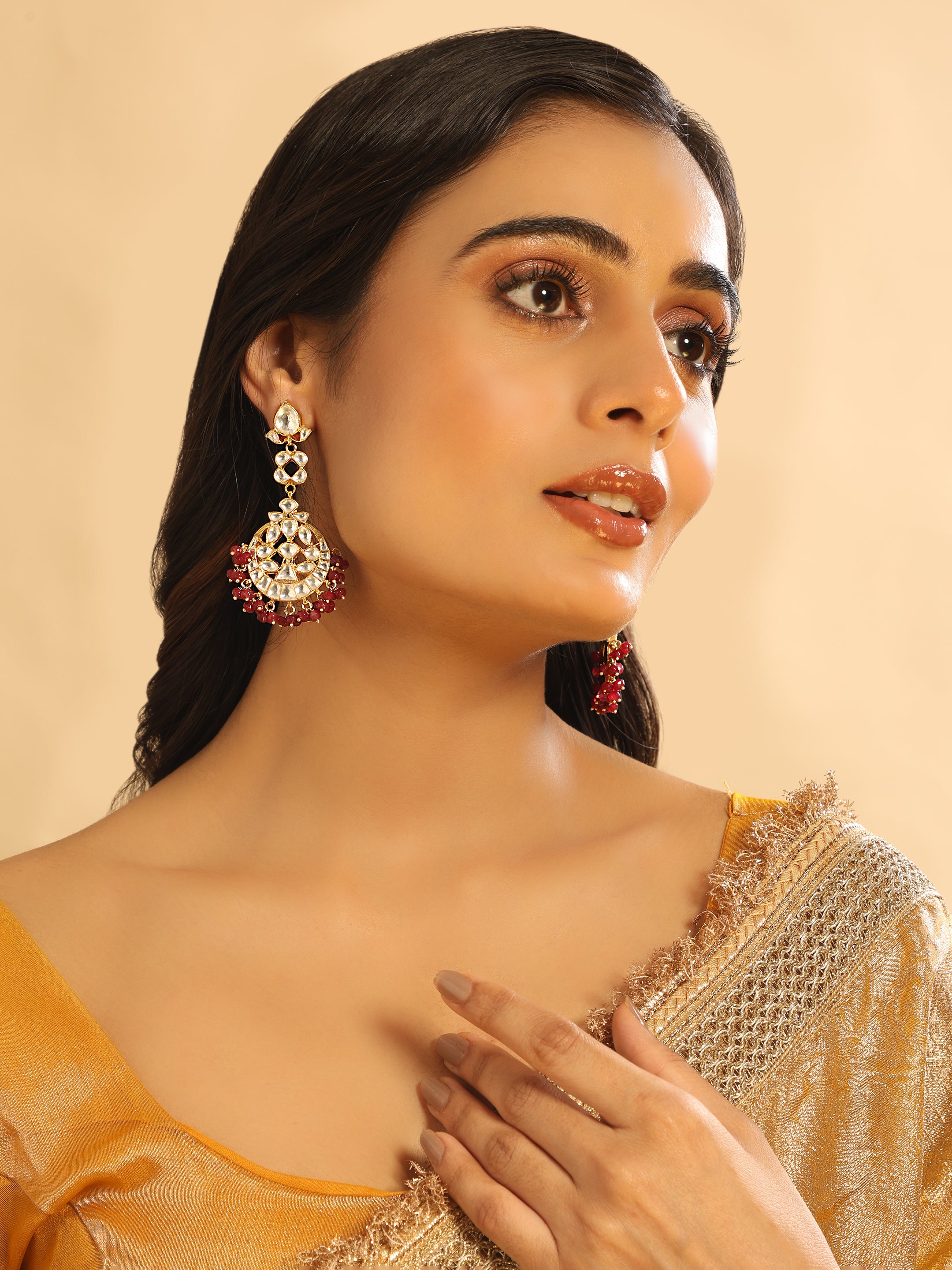 22K Gold Plated Ruby Kundan Chandbali Earrings