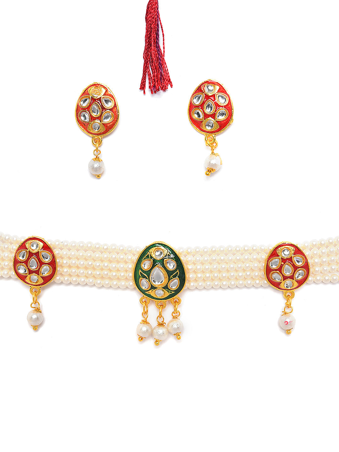 Gold-Plated White Kundan-Studded & Beaded Jewellery Set