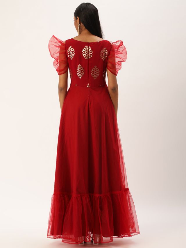 Bollywood Vogue Ready To Wear Maroon Georgette Embroidered Boat Neck Gown