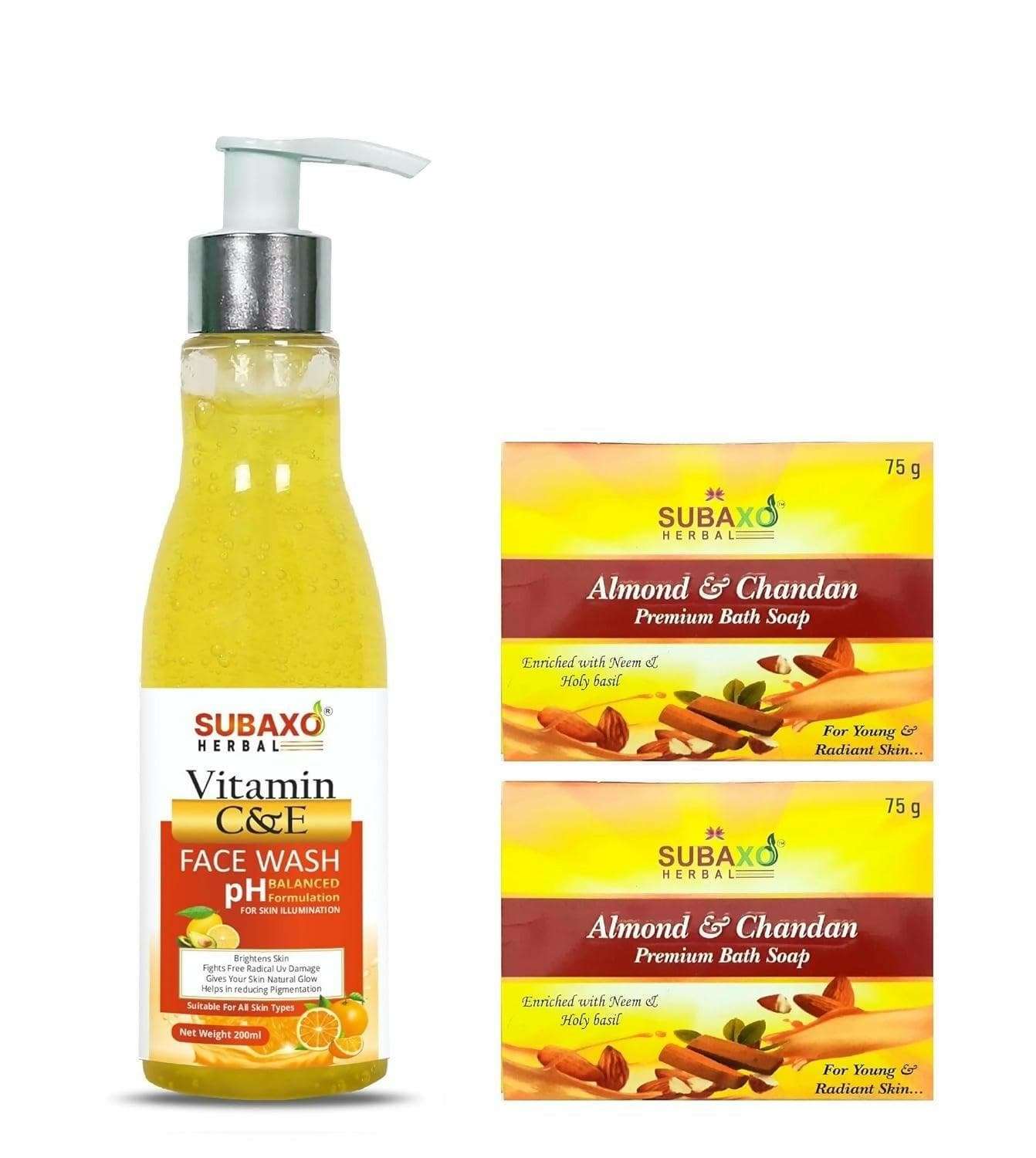 Subaxo Herbal Almond (75 gm Each, Pack Of 2) & Vitamin C&E Face Wash (200ml,Combo) - HalfPe