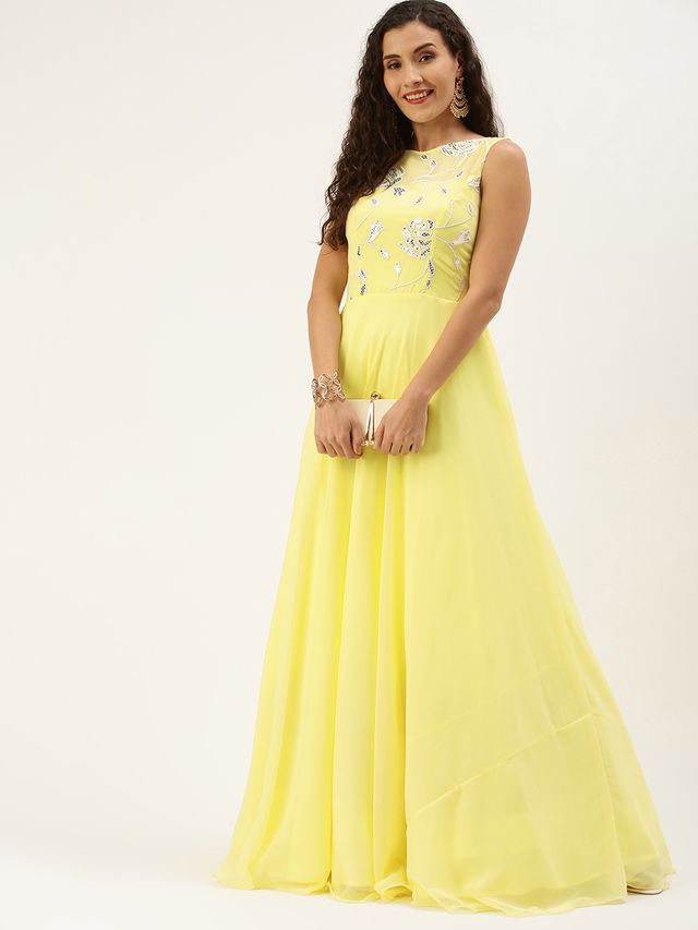 Bollywood Vogue Ready To Wear Yellow Georgette Embroidered Boat Neck Gown