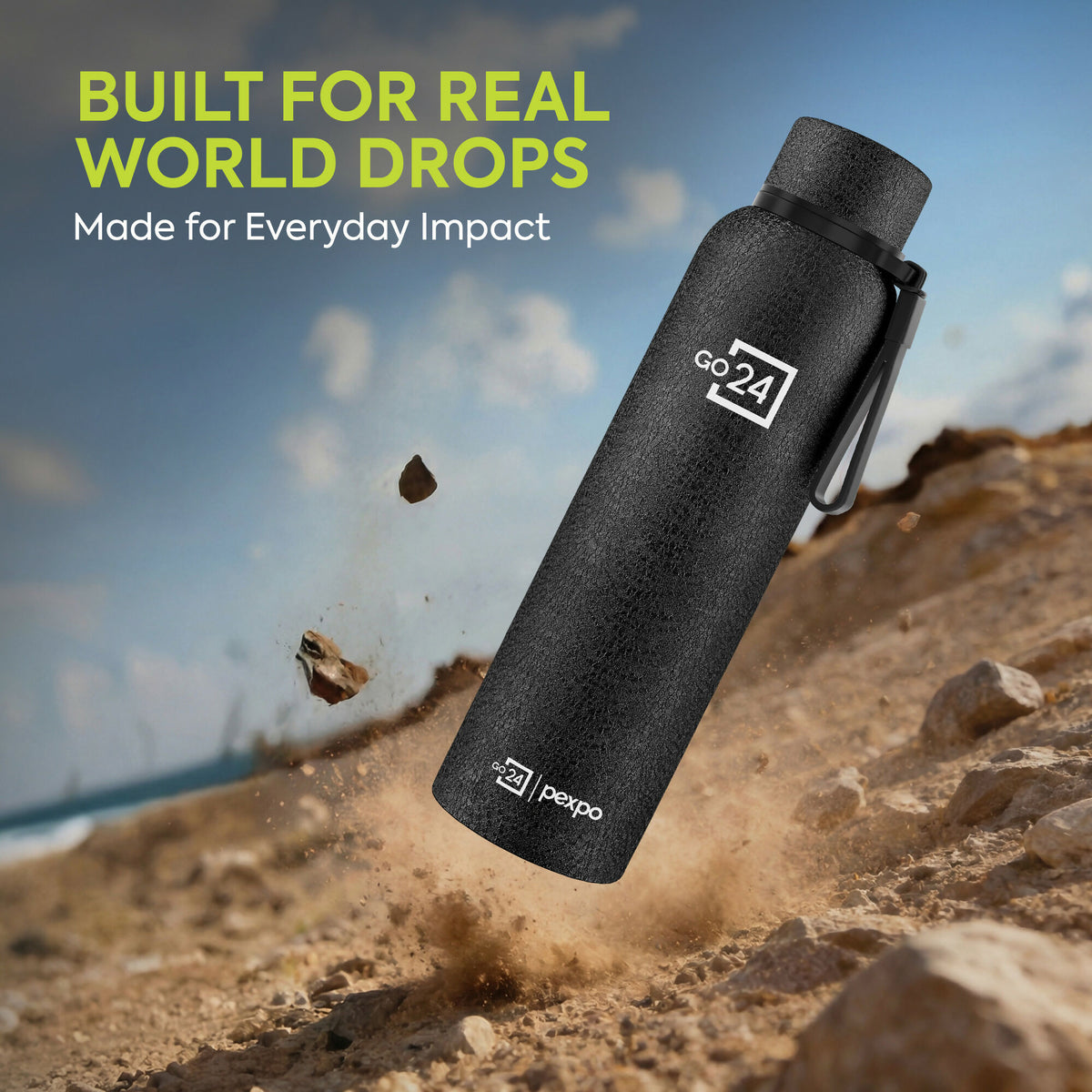Go24 pexpo Bravo ISI Certified Triple Wall, Leakproof, BPA-Free Stainless Steel Insulated Flask - Black 980ml