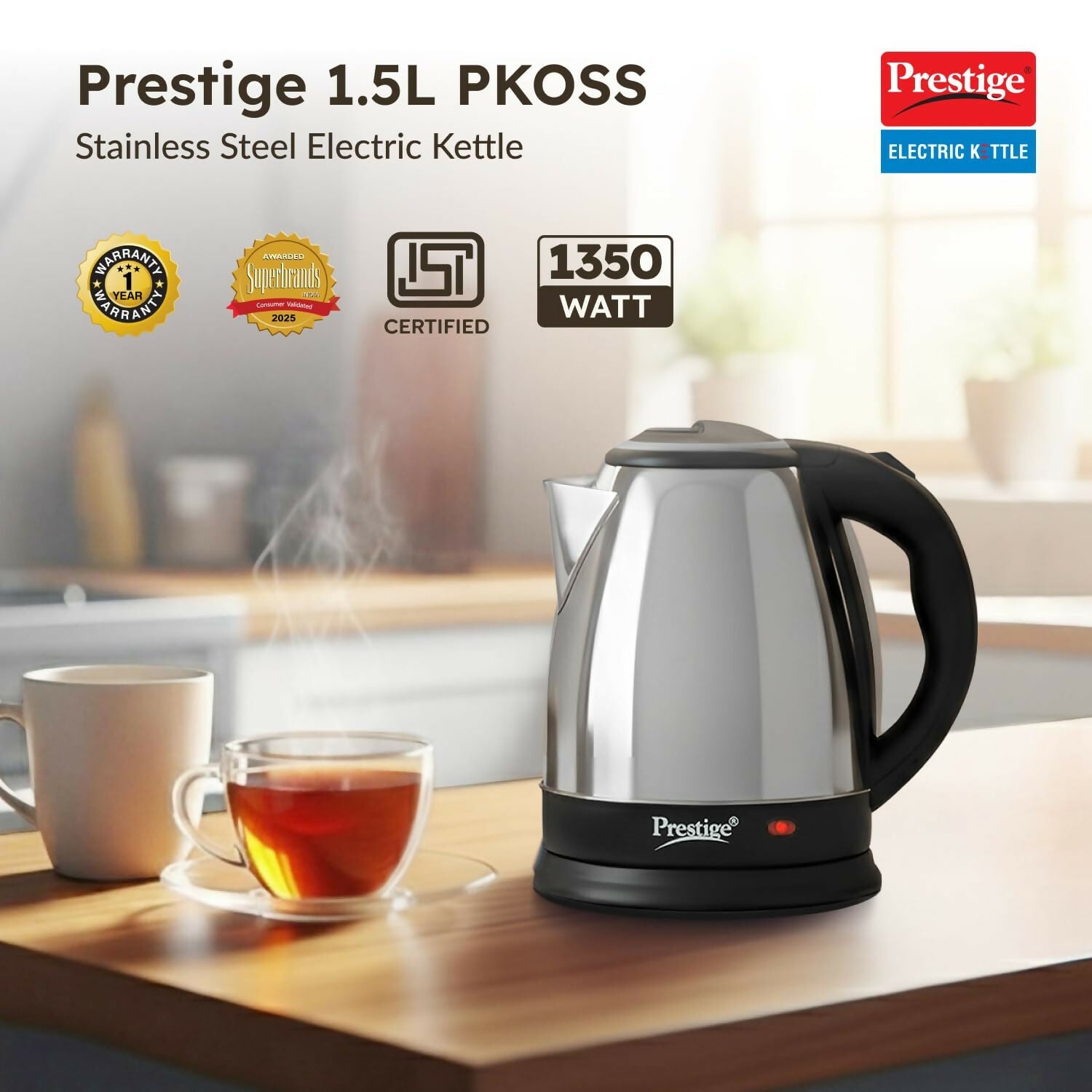 Prestige PKOSS 1.5 Electric Kettle Stainless Steel – 1.5 Litre Fast Boiling Kettle HalfPe - FW -TPT