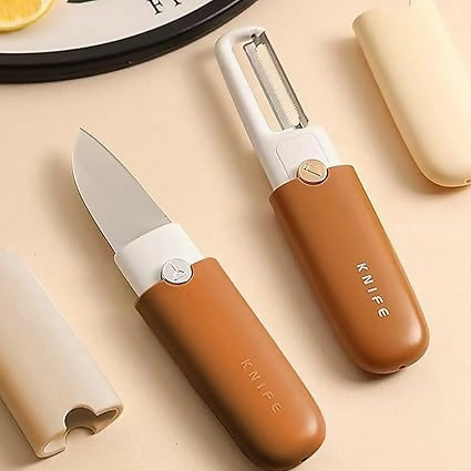 2-in-1 Stainless Steel Portable Kitchen Knife & Peeler Multi-Functional Fruit & Vegetable Peeling Tool with Safety Cover for Home, Travel & Outdoor Use