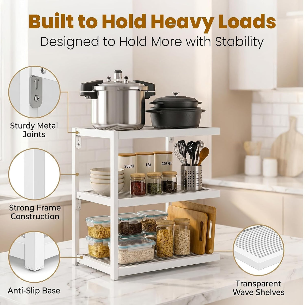 Rioware 3-Tier Kitchen Organizer Rack | Multi-Layer Countertop Storage Shelf | Transparent Kitchen Stand for Coffee Mugs, Tea Sets, Spice Jars & Kitchen Essentials Racknest