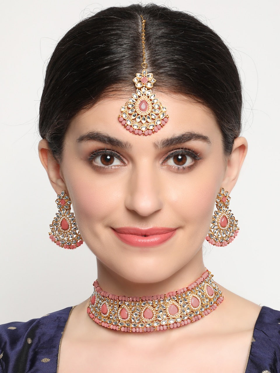 Pink Kundan Pearls Gold Plated Choker Set With Maangtikka