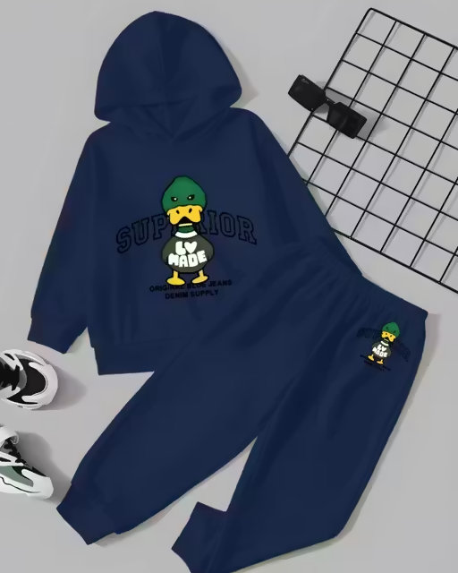 Boys Navy Blue Hoodie & Jogger Set with Cartoon Print Luck Fashion