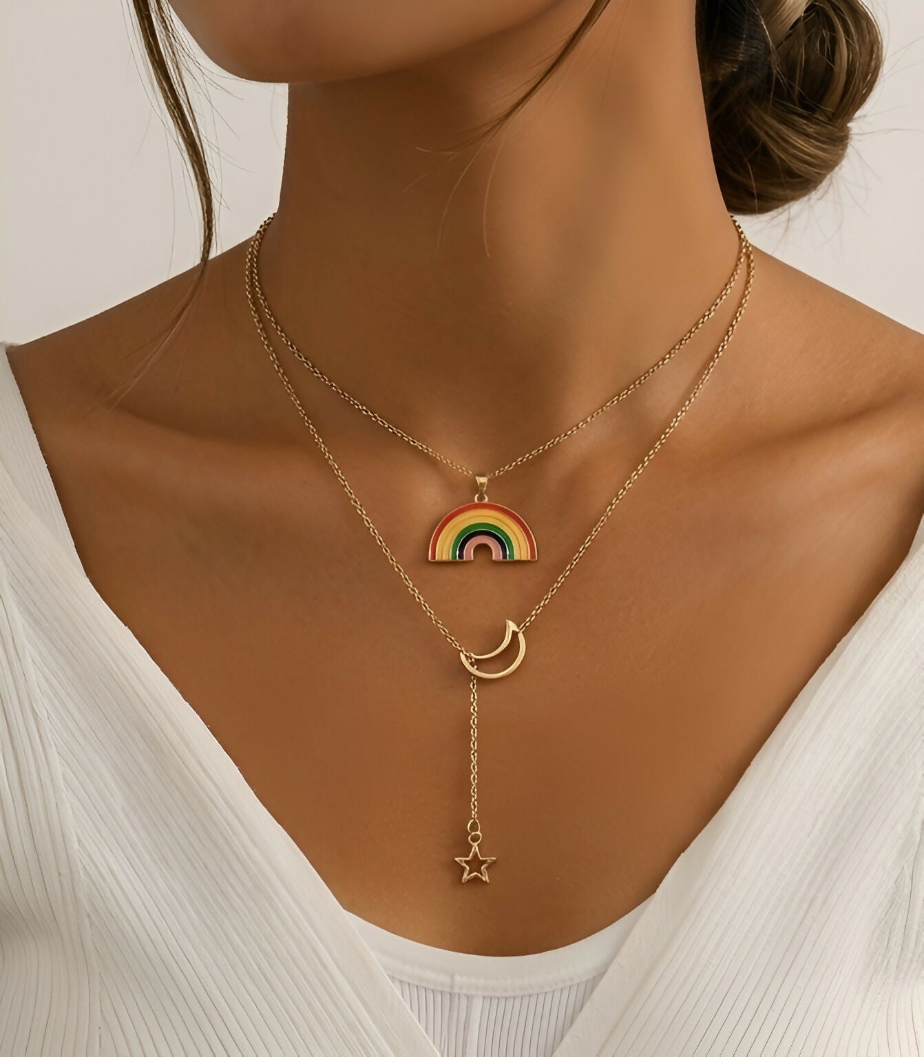 Rainbow Pendant & Crescent Moon Necklace Set (2 Pieces)