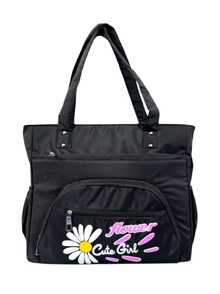 Buddy Cares Women's Tote Bag – Stylish Shopping & Shoulder Bag with Flower "Cute Girl" Print – Black