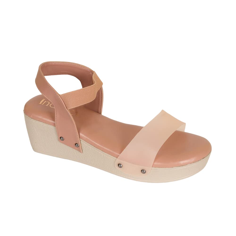 Indifeet Ankle Strap Platform Wedge Heel Sandals - Peach - Size 6