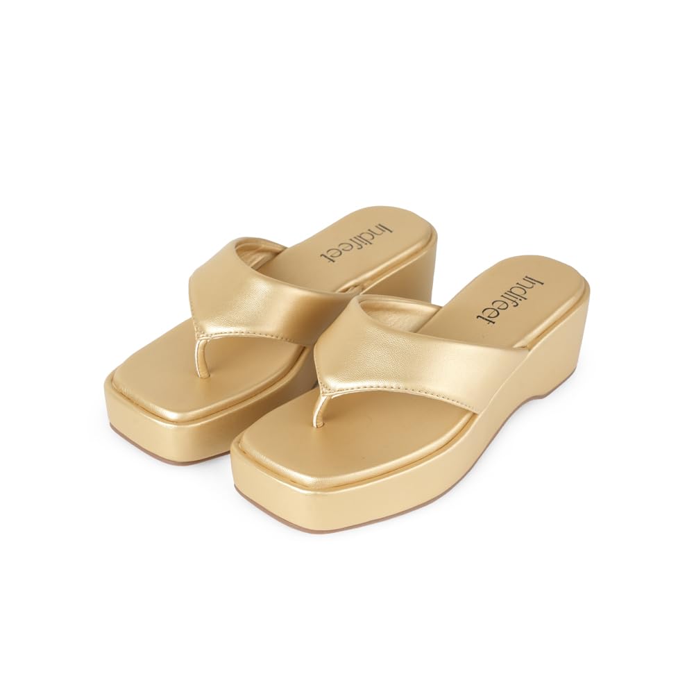 Indifeet Stylish Thong Wedge Sandals for Women - Gold - Size 9