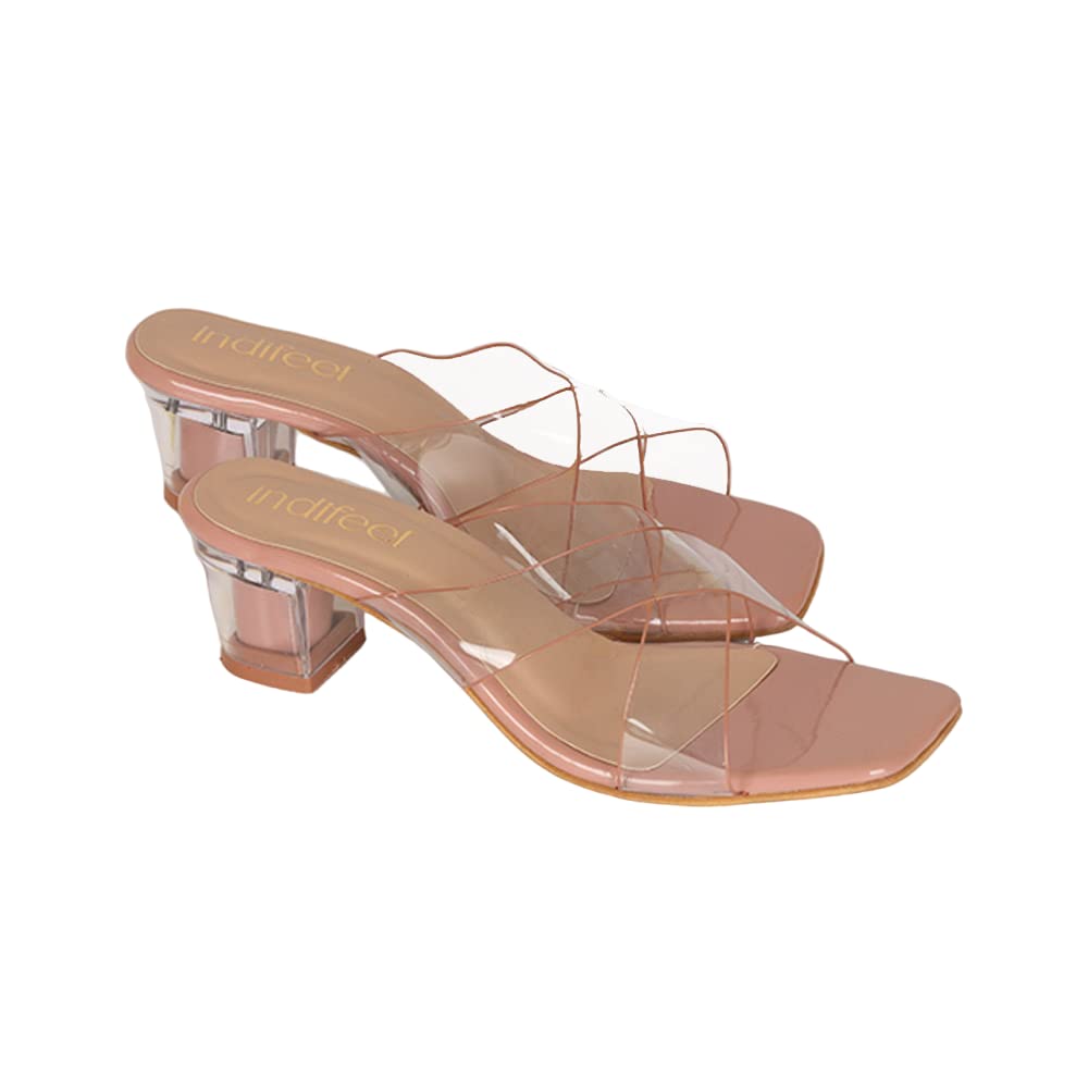 Indifeet Transparent Cross Strap Block Heels - Peach - View 5